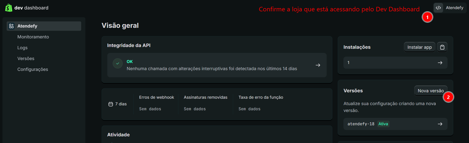 Tela de versões do app Atendefy no Dev Dashboard para criar uma nova versão