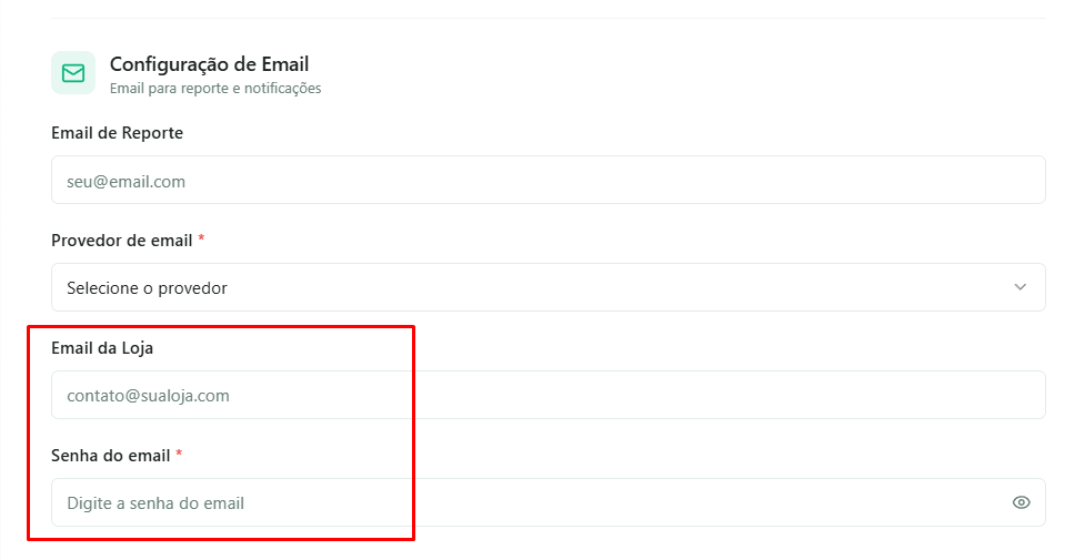 Formulário de nova integração de e-mail no painel do Atendefy com os campos Email da Loja e Senha do email