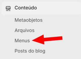 Menu Conteúdo da Shopify com a opção Menus selecionada